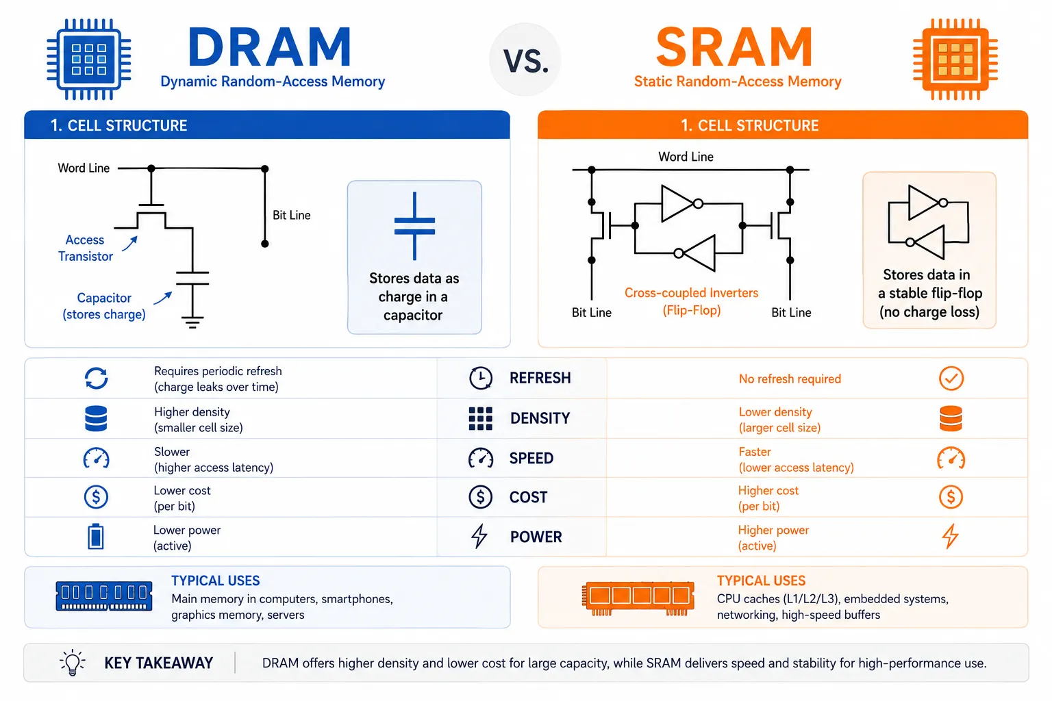 DRAMとSRAMのセル構造・特性比較図。DRAMはアクセストランジスタとキャパシタで電荷としてデータを保持し、SRAMはクロスカップル接続されたインバータ（フリップフロップ）でデータを保持する。リフレッシュの要否、密度、速度、コスト、消費電力、代表的な用途を比較している