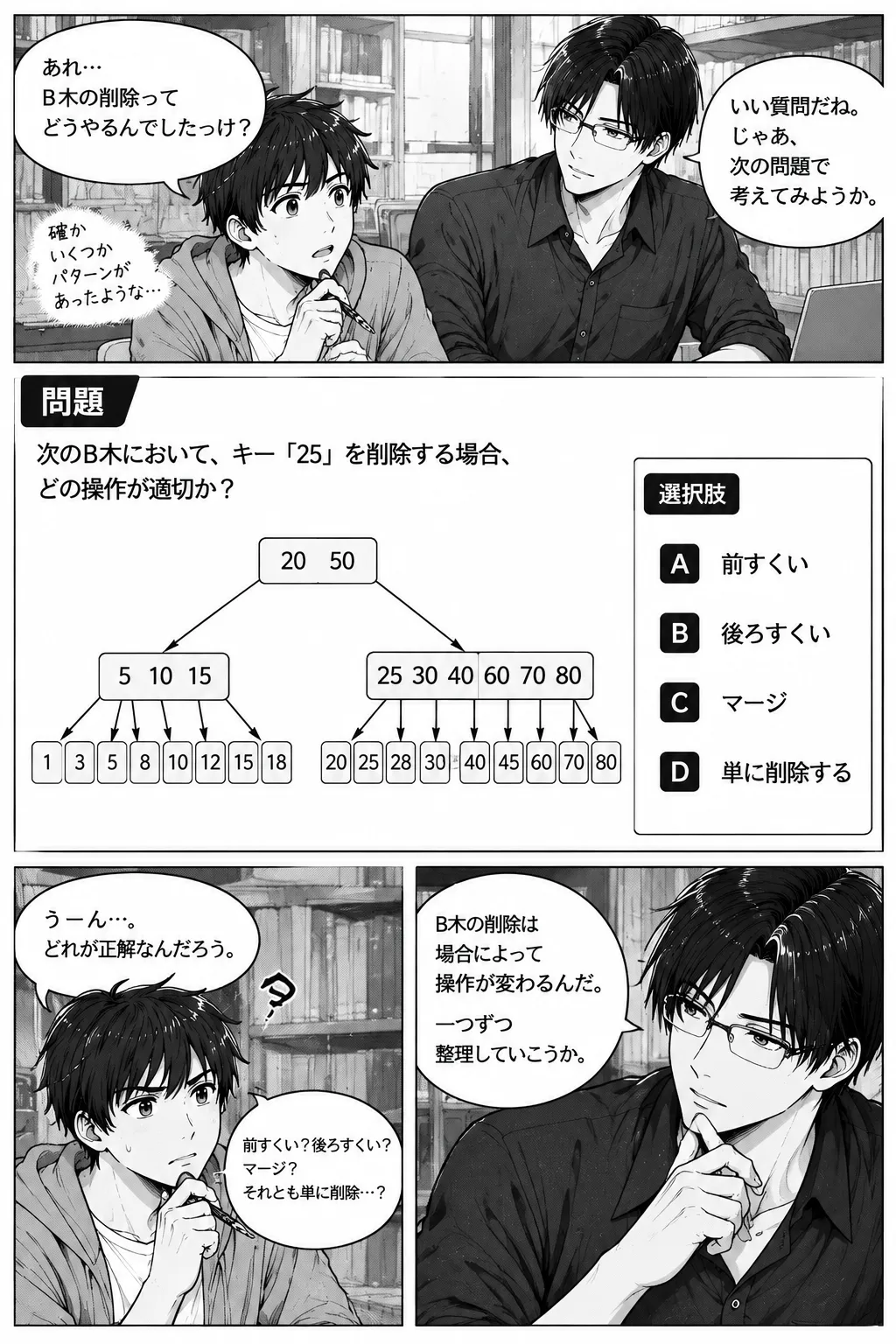 生徒がB木のキー25の削除方法を先生に質問する漫画。次数のB木の図とともに、削除操作の選択肢として前すくい・後ろすくい・マージ・単に削除するの4択が示されている